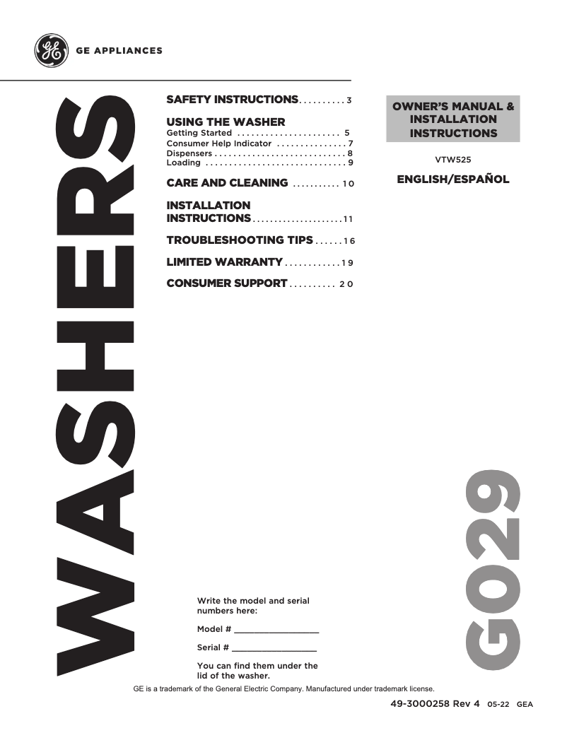 Page n°1 - Guide d'installation GE VTW525ASRWB