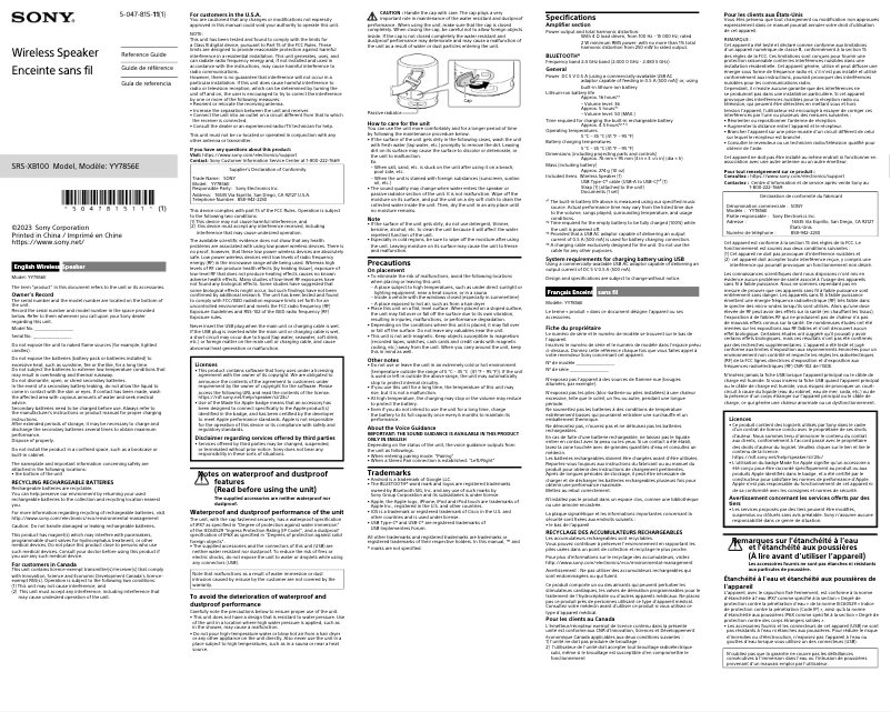 Page 1 de la notice Manuel utilisateur Sony SRS-XB100