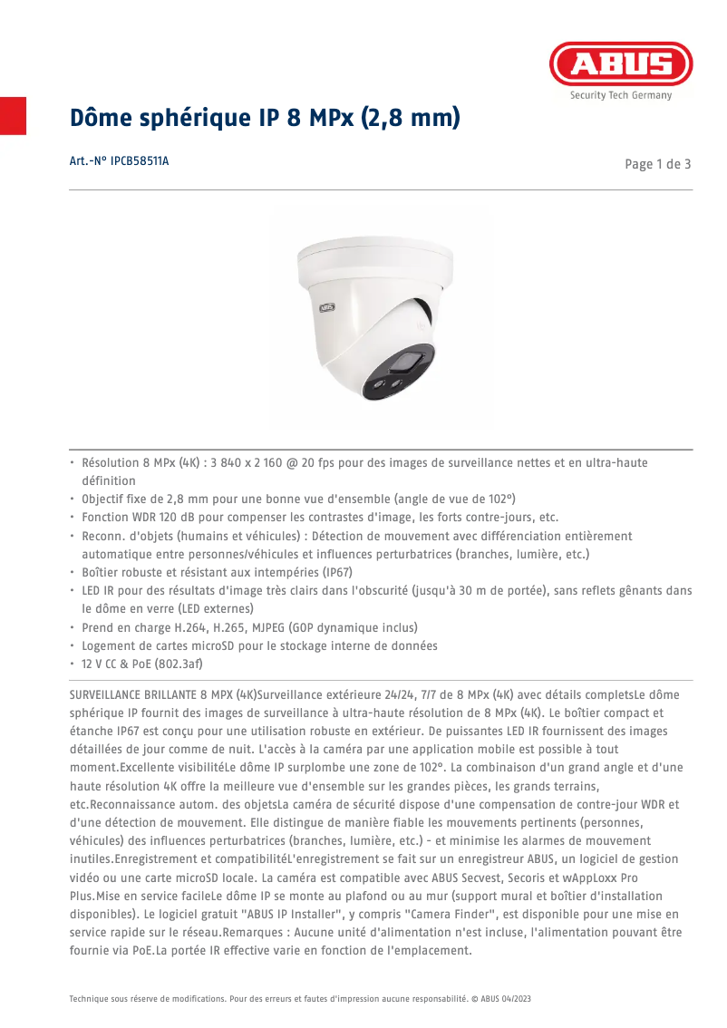 Página 1 del manual Ficha técnica Abus IPCB58511A