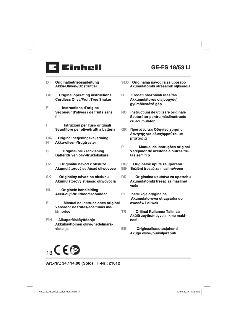 Page 1 de la notice Manuel utilisateur Einhell GE-FS 18/53 Li