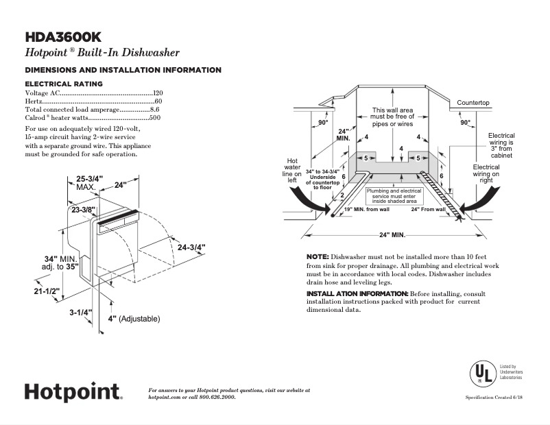 Page 1 de la notice Fiche technique Hotpoint HDA3600KBB