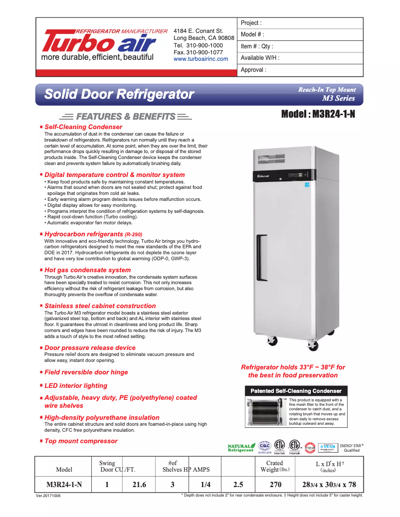Page 1 de la notice Fiche technique Turbo air M3R24-1