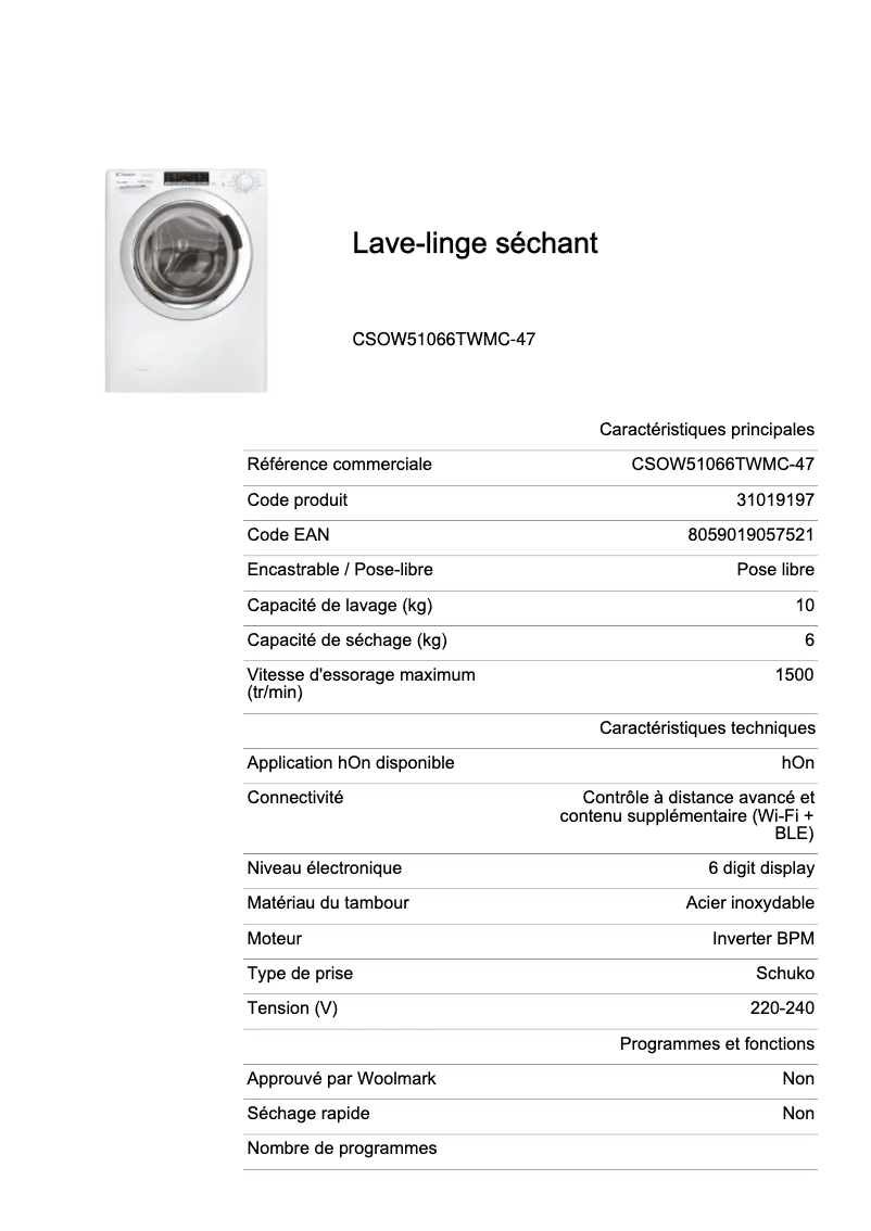 Page 1 de la notice Fiche technique Candy CSOW51066TWMC-47