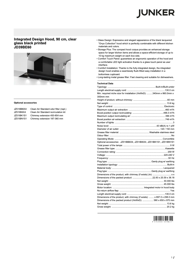 Page 1 de la notice Fiche technique Junker JD39BE60