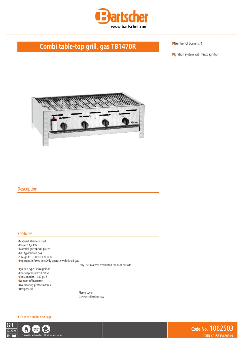 Page 1 de la notice Fiche technique Bartscher TB1470R