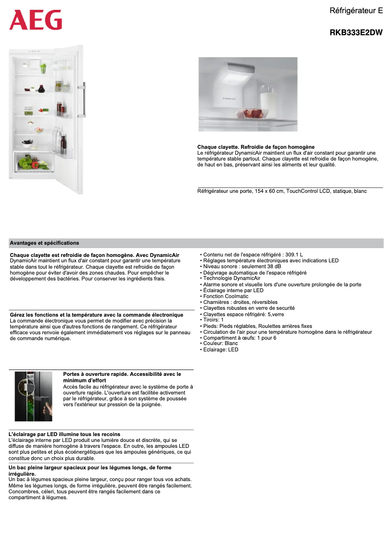 Page 1 de la notice Fiche technique AEG RKB333E2DW