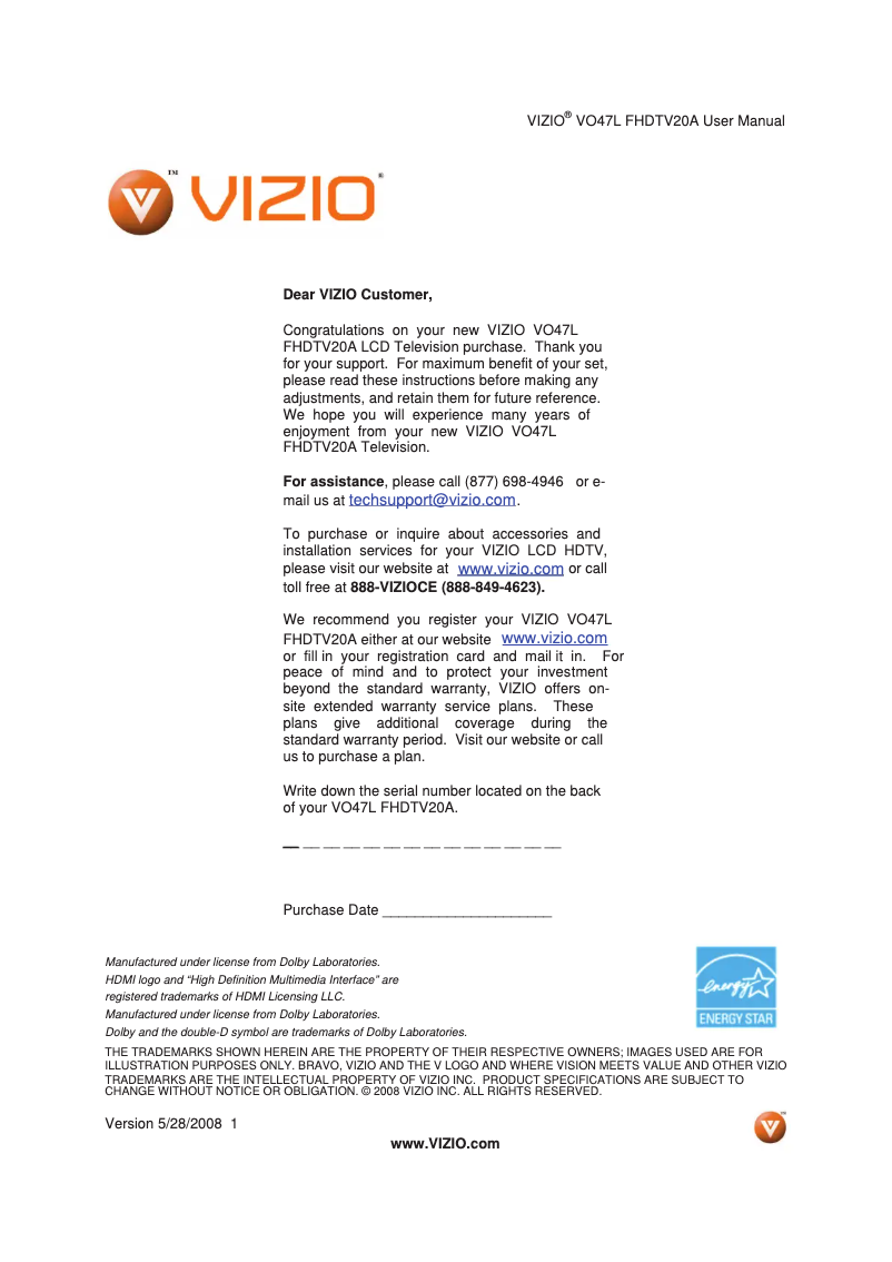 Page 1 de la notice Manuel utilisateur VIZIO VO47LFHDTV20A