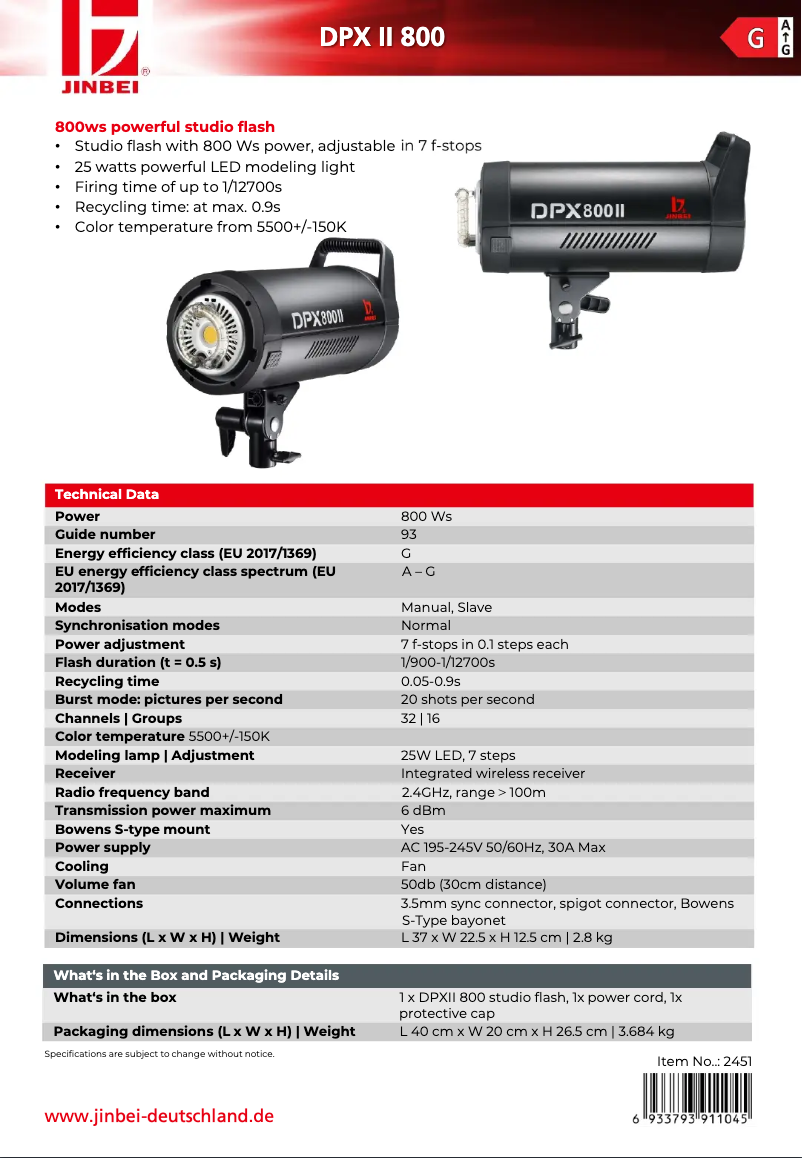 Page 1 de la notice Fiche technique Jinbei DPX800II