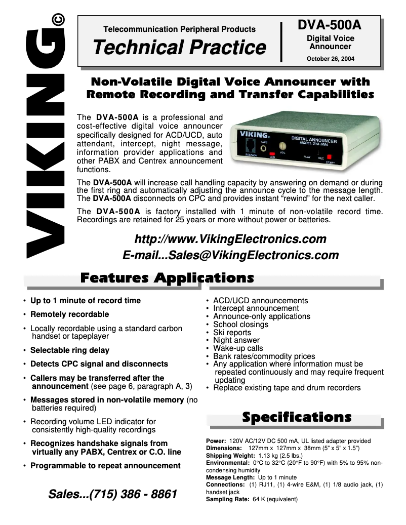 Page 1 de la notice Manuel utilisateur Viking DVA-500A