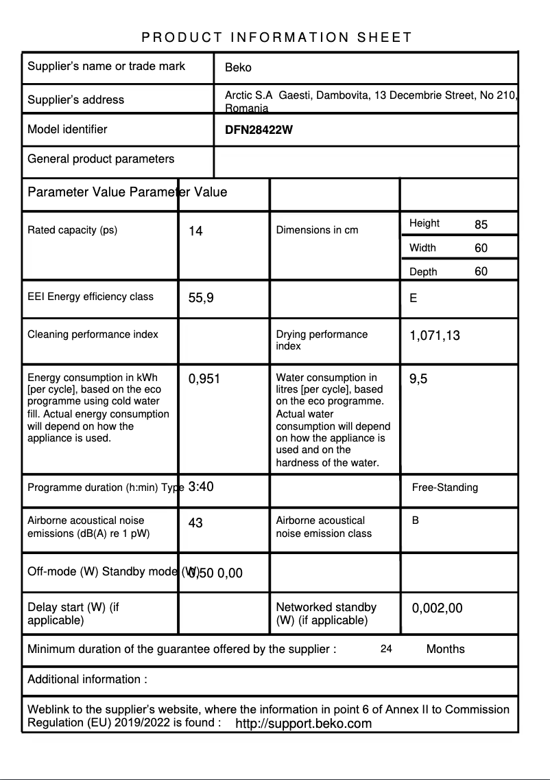Page n°1 - Fiche technique Beko DFN28422W