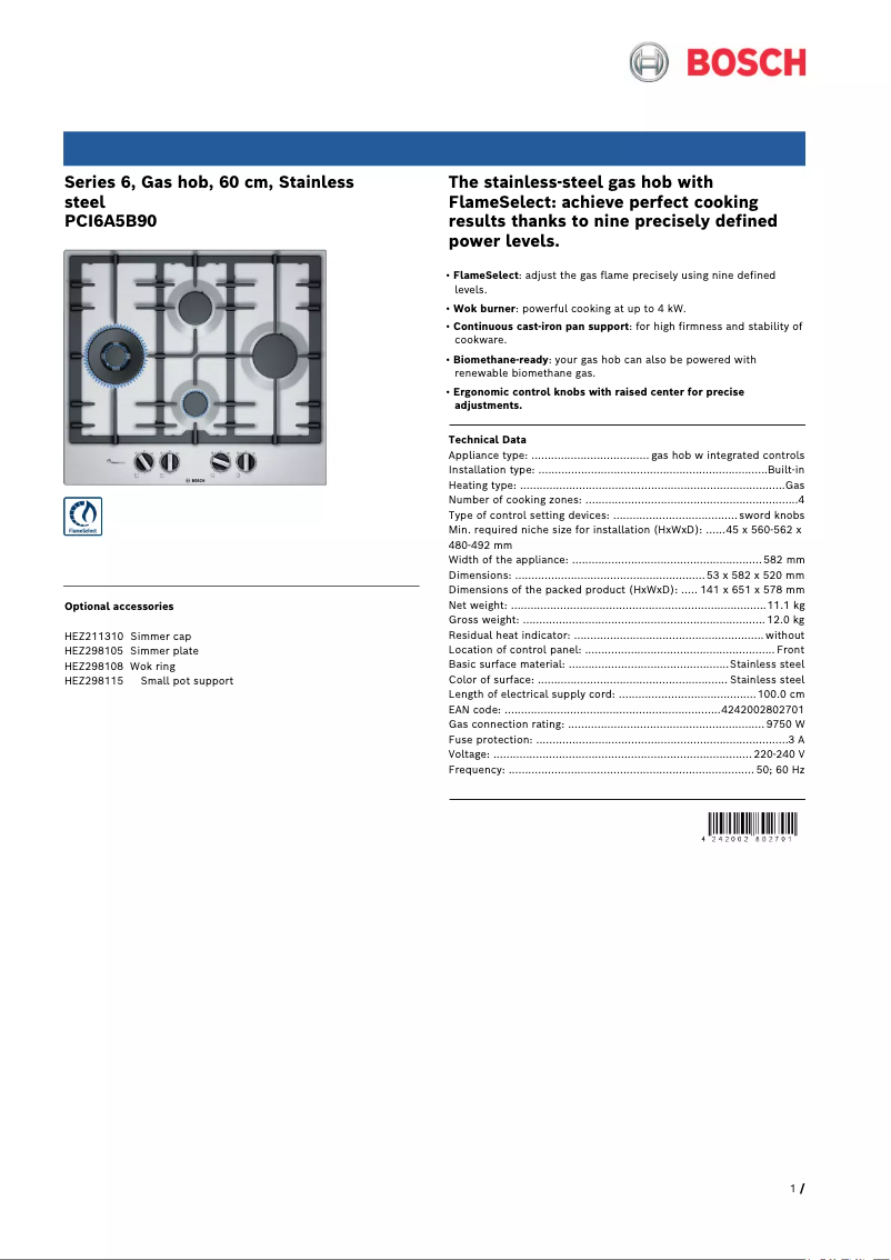 Page 1 de la notice Fiche technique Bosch PCI6A5B90