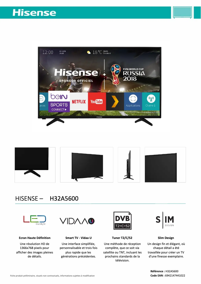 Page 1 de la notice Fiche technique Hisense H32A5600