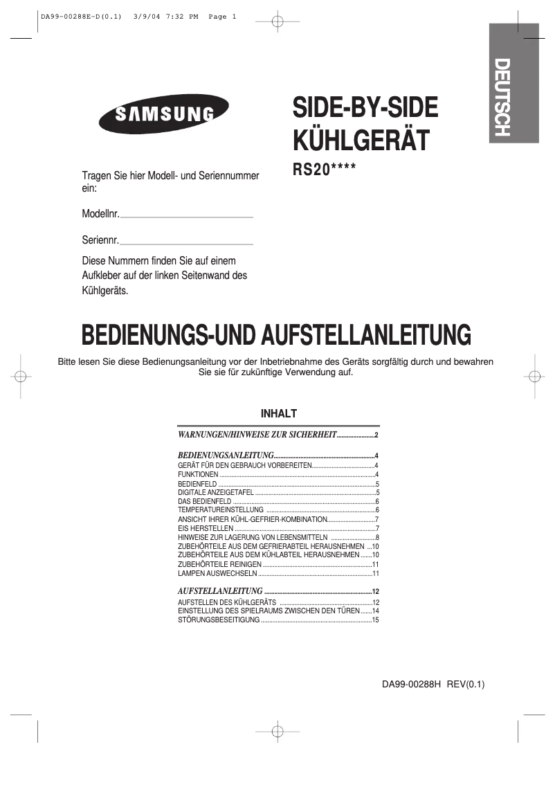 Page 1 de la notice Manuel utilisateur Samsung RS20NCSW