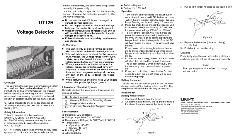 Page 1 de la notice Manuel utilisateur Uni-T UT12B