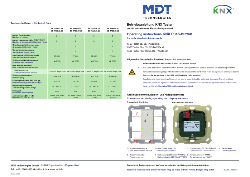 Page n°1 - Manuel utilisateur MDT BE-TA55P6.G2