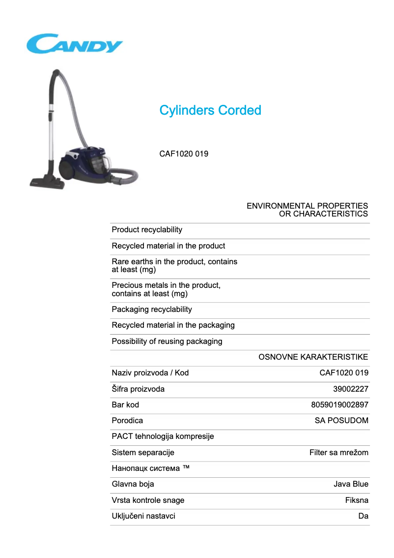 Page 1 de la notice Fiche technique Candy CAF1020 019