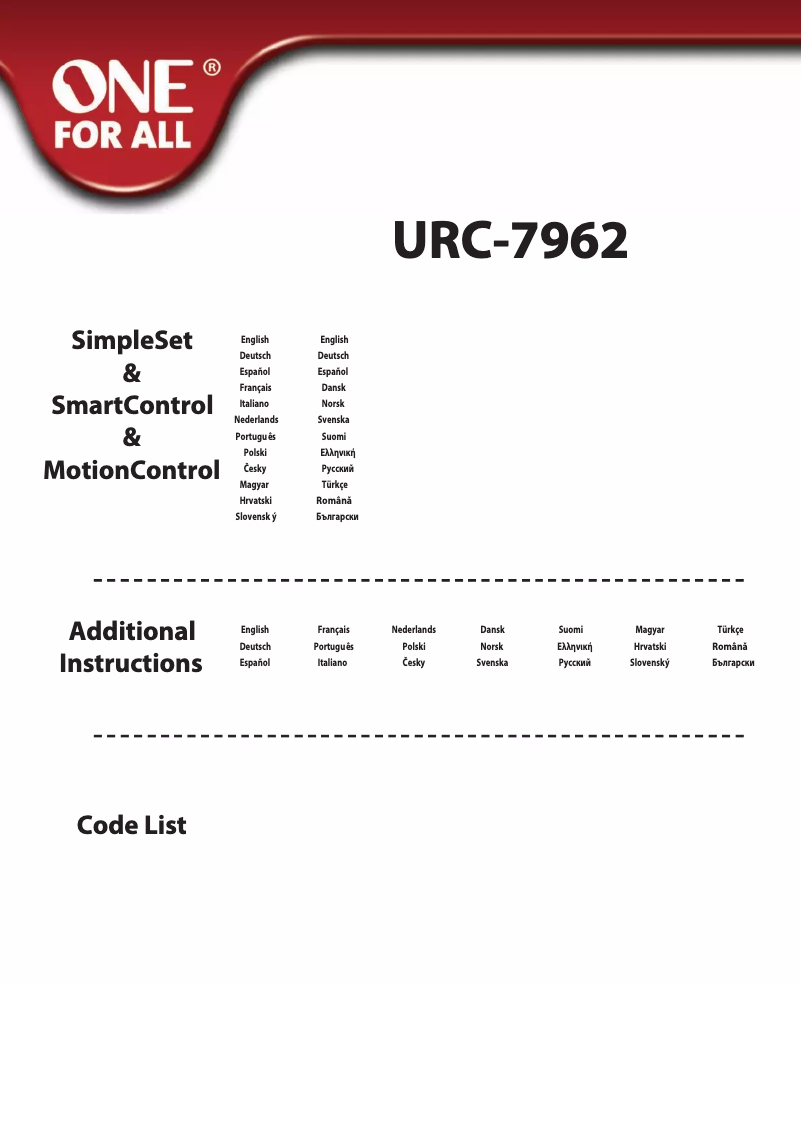 Image de la première page du manuel de l'appareil Smart Control Motion URC 7962