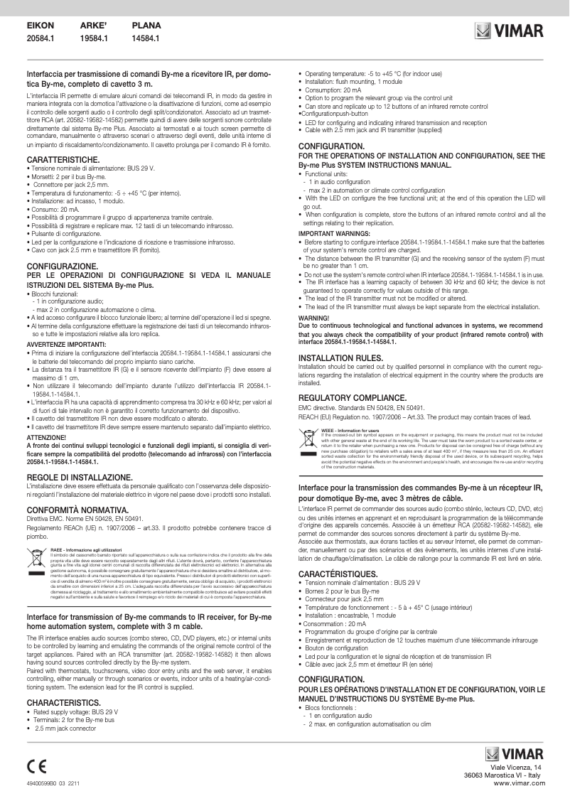 Page n°1 - Manuel utilisateur Vimar 19584.1.B