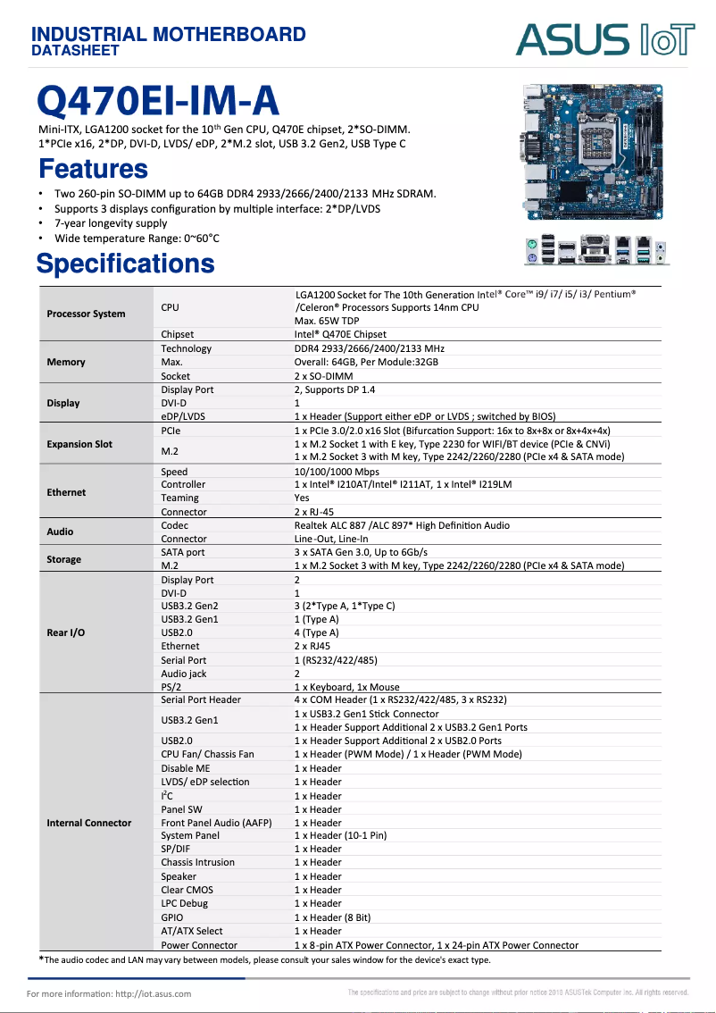 Page 1 de la notice Fiche technique Asus Q470EI-IM-A