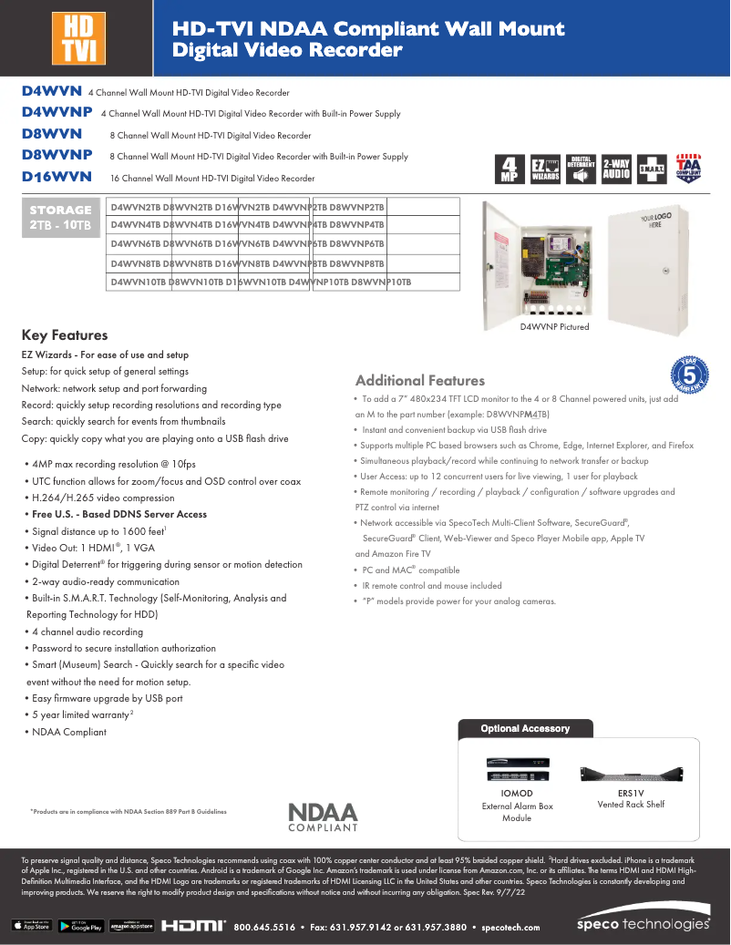 Page 1 de la notice Fiche technique Speco Technologies D8WVN