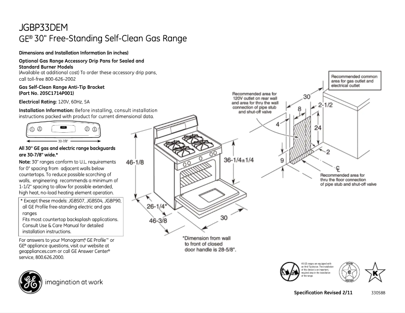 Page 1 de la notice Fiche technique GE JGBP33DEMCC