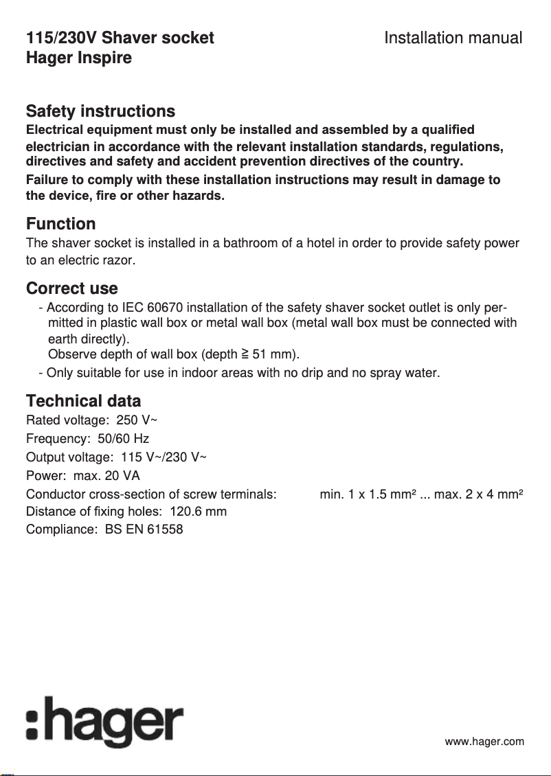 Page 1 of the manual User Manual Hager WGCHSR