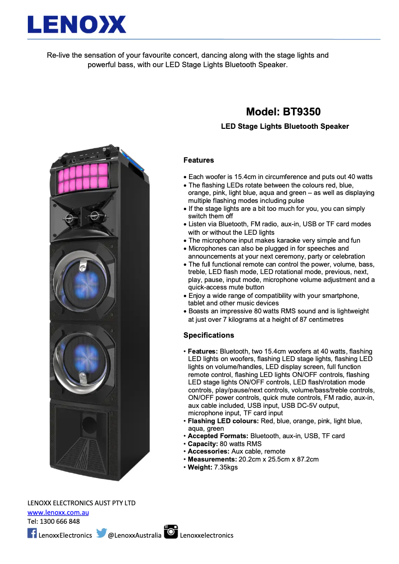 Page 1 de la notice Fiche technique Lenoxx BT9350
