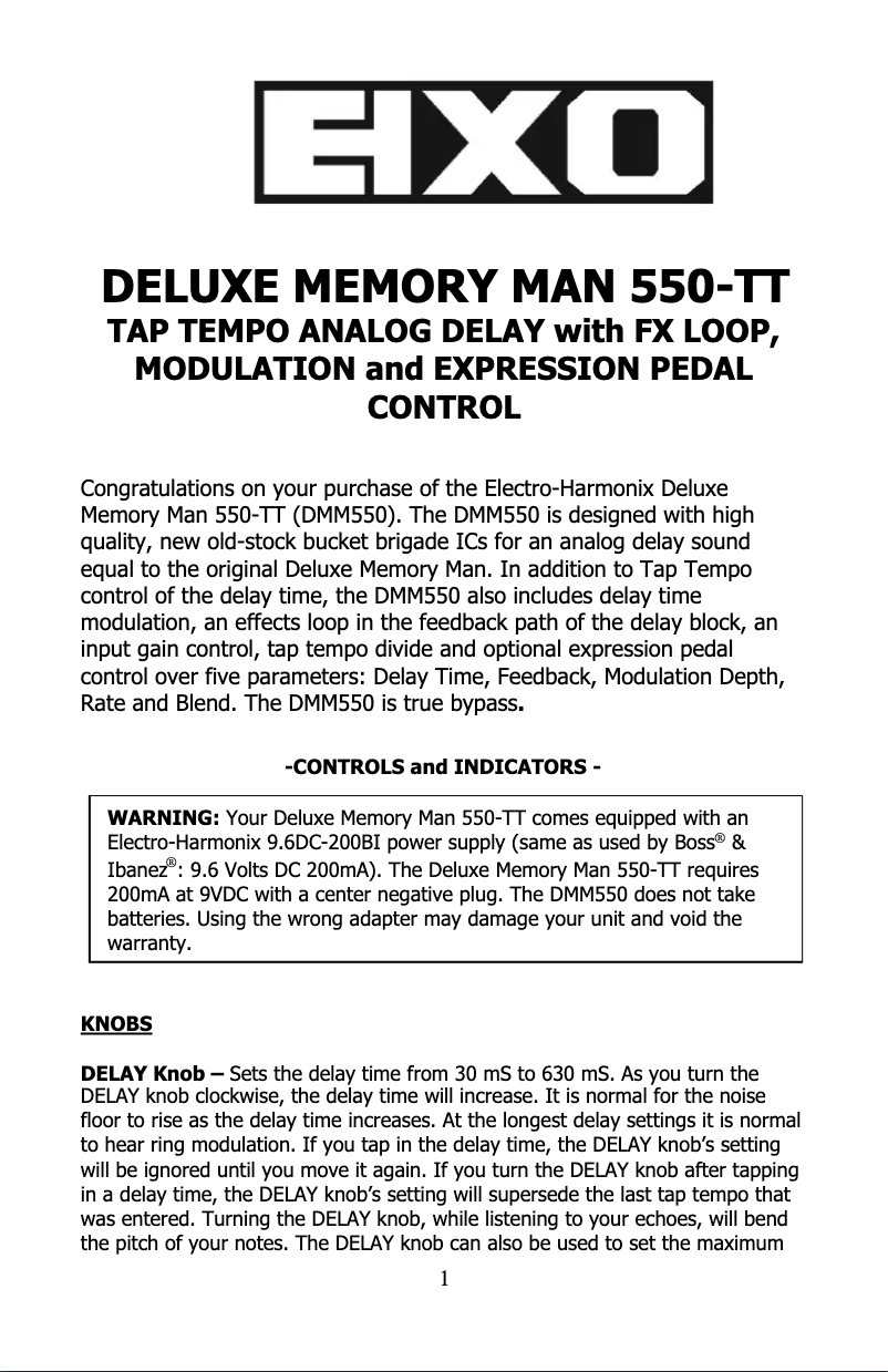 Página 1 del manual Manual de usuario Electro Harmonix Deluxe Memory Man 550-TT