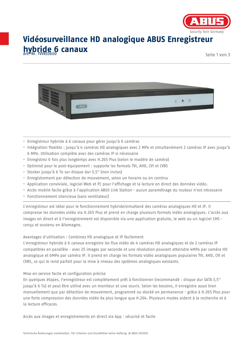 Page n°1 - Fiche technique Abus TVVR33600
