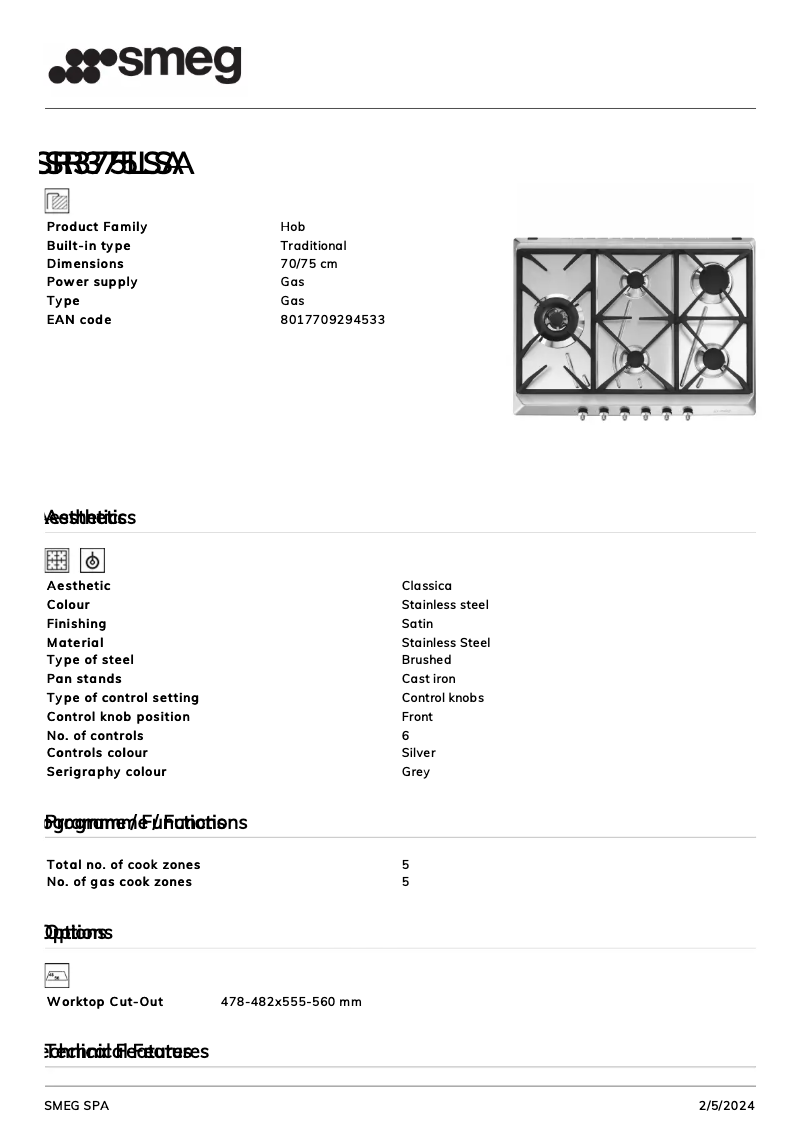 Página 1 del manual Ficha técnica Smeg SR375LSA