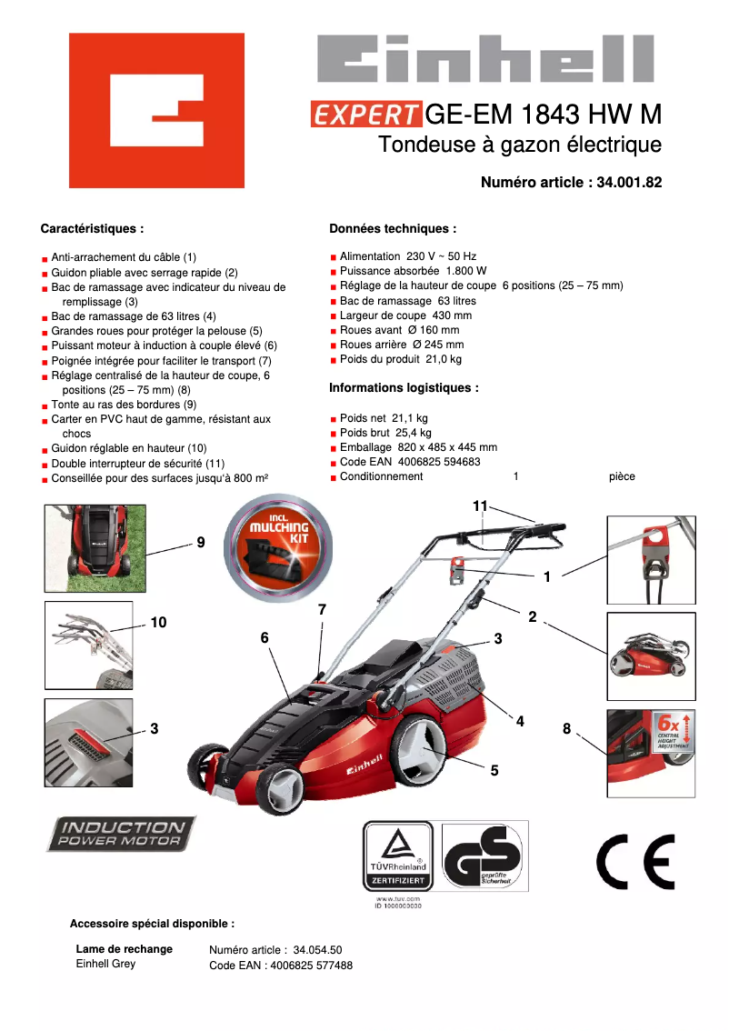 Page 1 de la notice Fiche technique Einhell GE-EM 1843 HW M