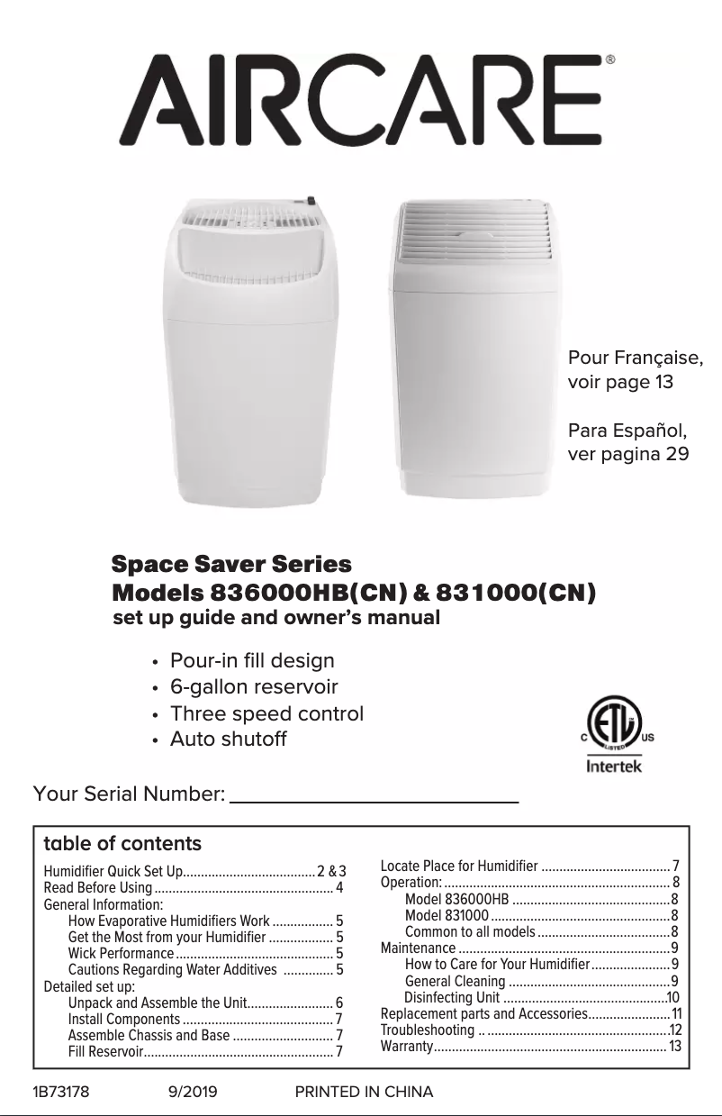 Page n°1 - Manuel d'utilisation et d'entretien AirCare 836000HB