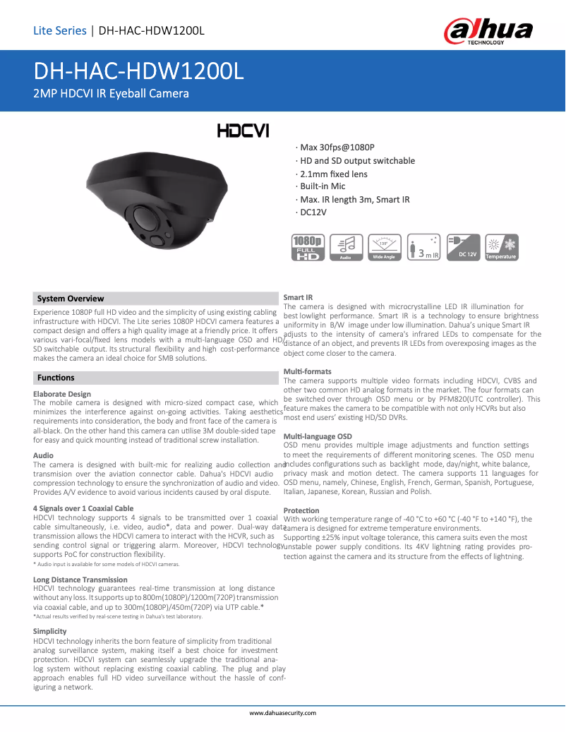 Page n°1 - Fiche technique Dahua Technology HAC-HDW1200L