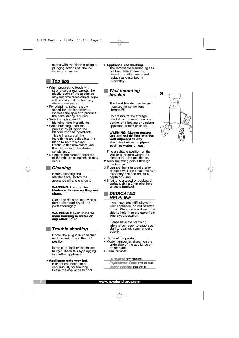 Page 1 de la notice Manuel utilisateur Morphy Richards Hand Blender 48959
