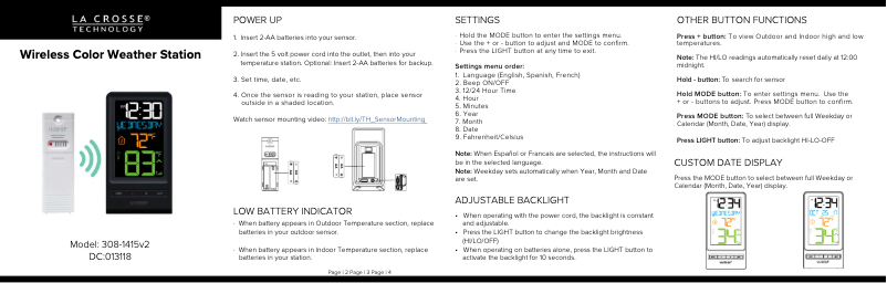 Page n°1 - Guide de démarrage rapide La Crosse Technology 308-1415V2