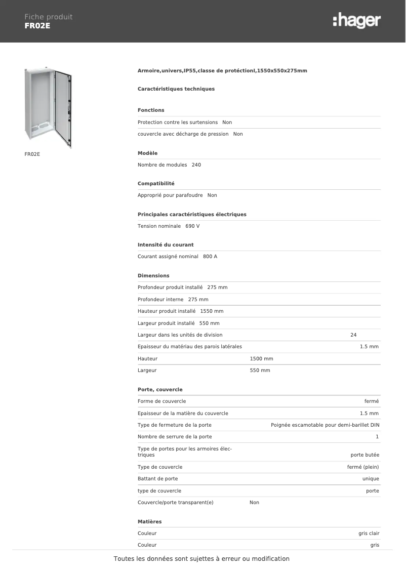 Page 1 de la notice Fiche technique Hager FR02E