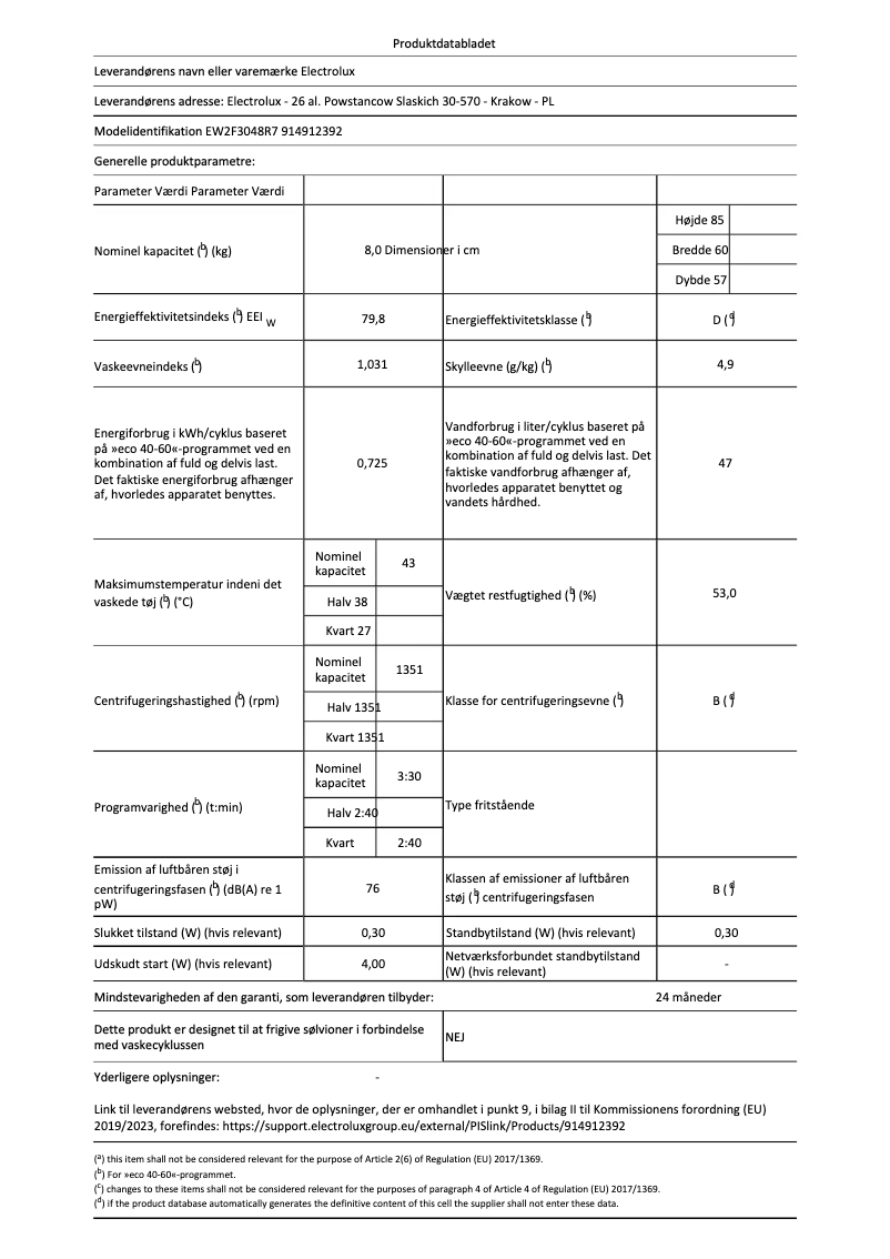Page n°1 - Fiche technique Electrolux EW2F3048R7