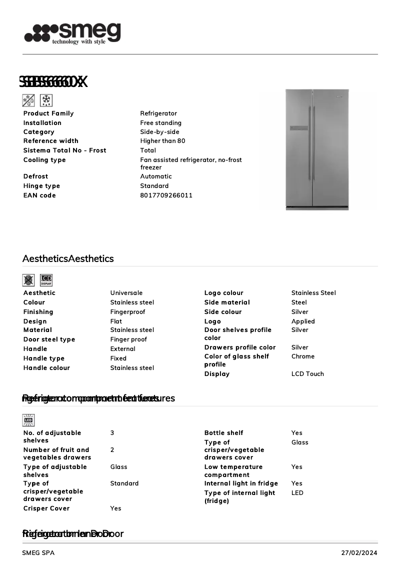 Page 1 de la notice Fiche technique Smeg SBS660X