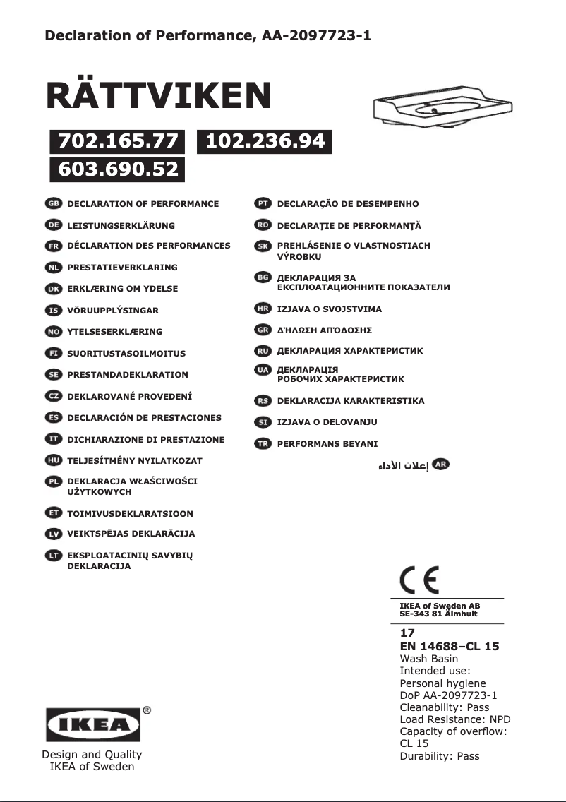 Page 1 de la notice Manuel utilisateur Ikea RÄTTVIKEN 702.165.77