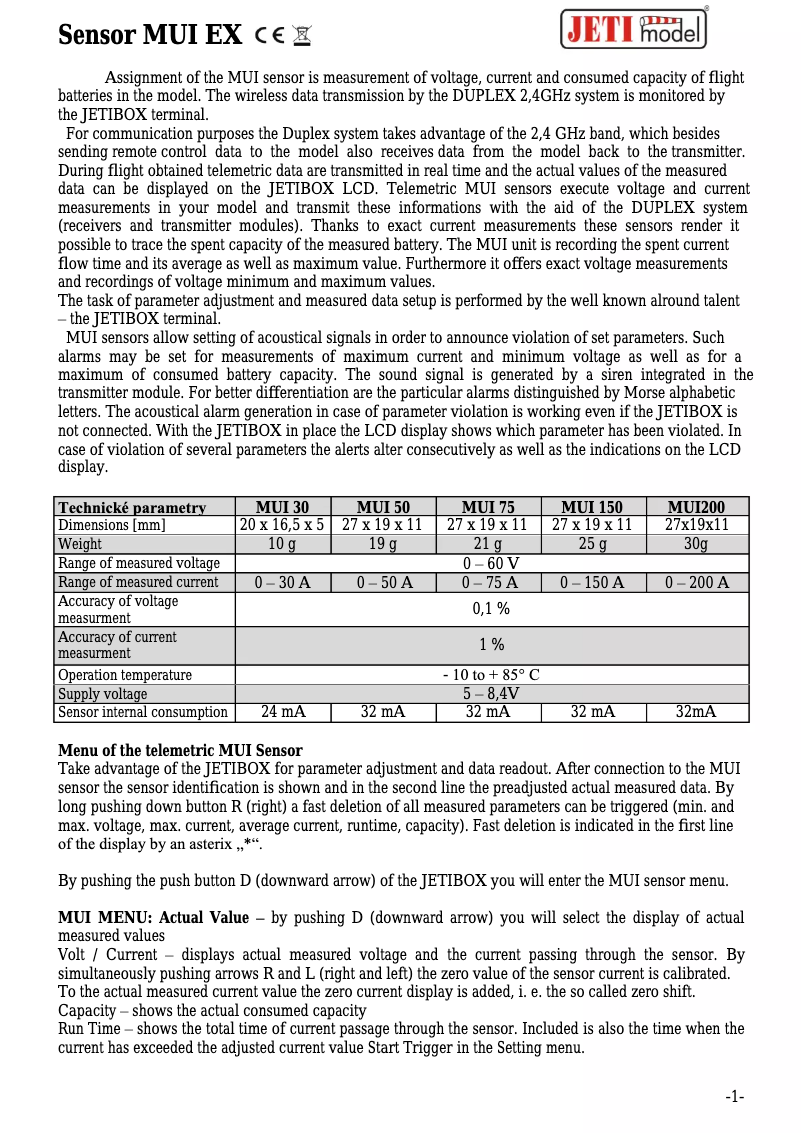 Page n°1 - Manuel utilisateur JETI MUI50 EX