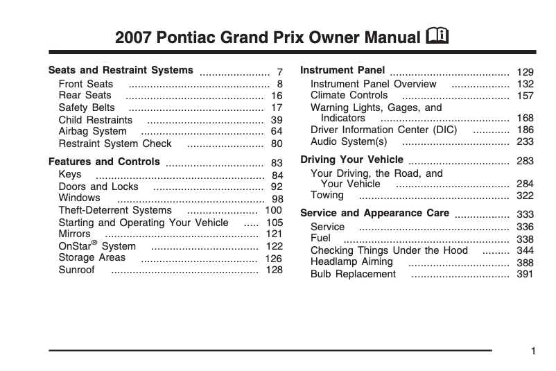 Page 1 de la notice Manuel utilisateur Pontiac Grand Prix (2006)
