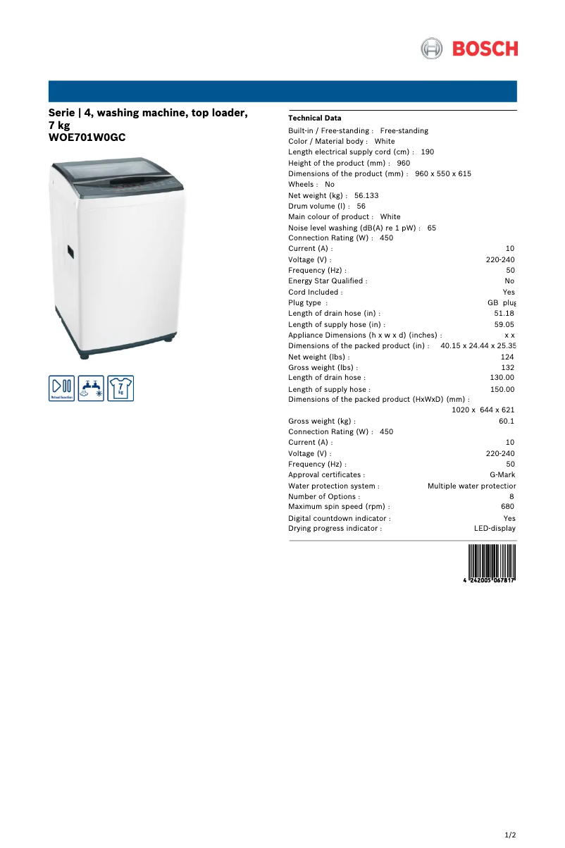 Page n°1 - Fiche technique Bosch WOE701W0GC