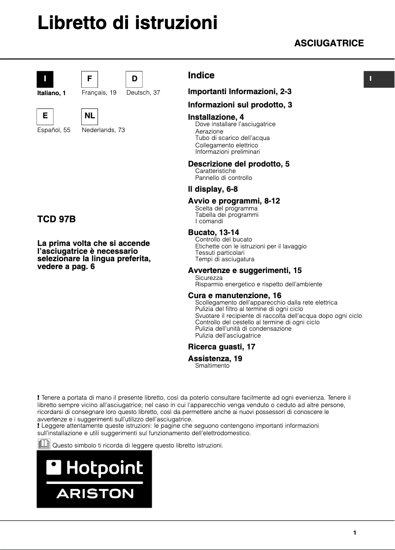 Page 1 de la notice Manuel utilisateur Hotpoint TCD 97B 6HY/N (EU)