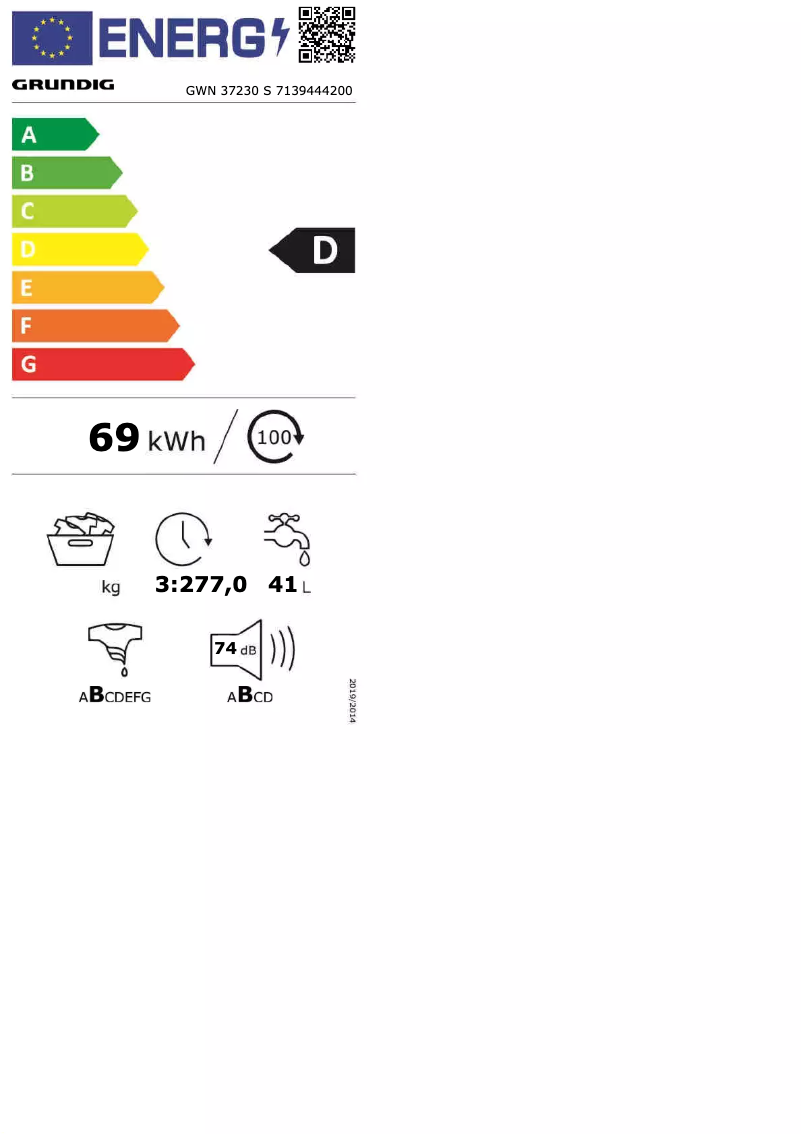 Page 1 de la notice Label énergétique Grundig GWN37230S