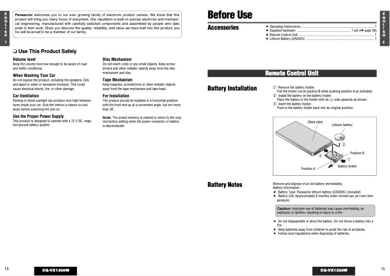 Page 1 de la notice Manuel utilisateur Panasonic CQ-VX1300W