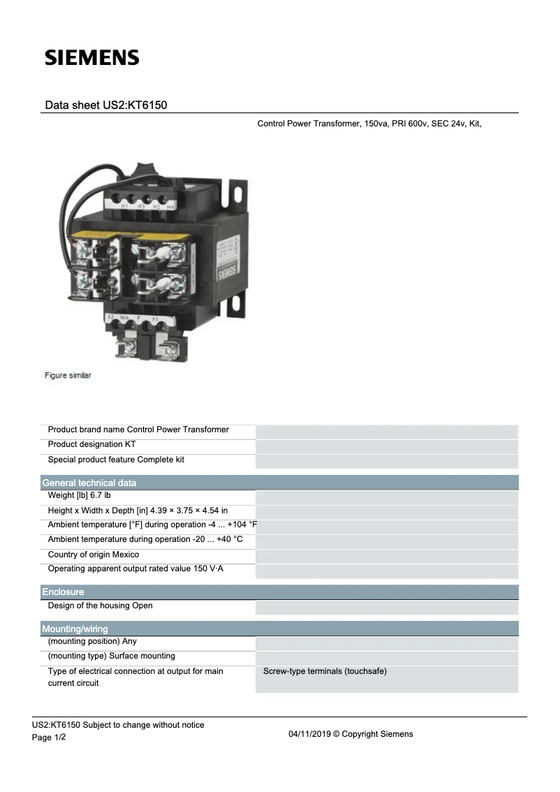 Page 1 de la notice Manuel utilisateur Siemens KT6150