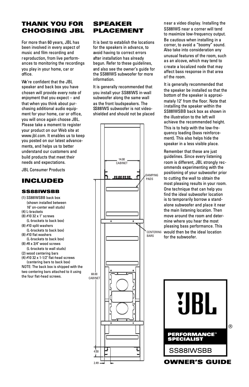 Page n°1 - Manuel utilisateur JBL Performance Specialist SS88IWSBB
