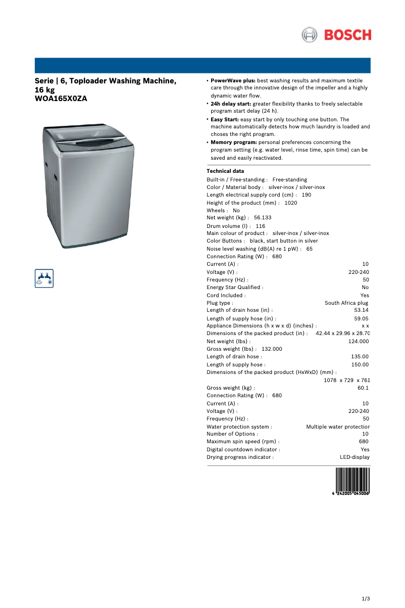 Page 1 of the manual Technical Sheet Bosch WOA165X0ZA