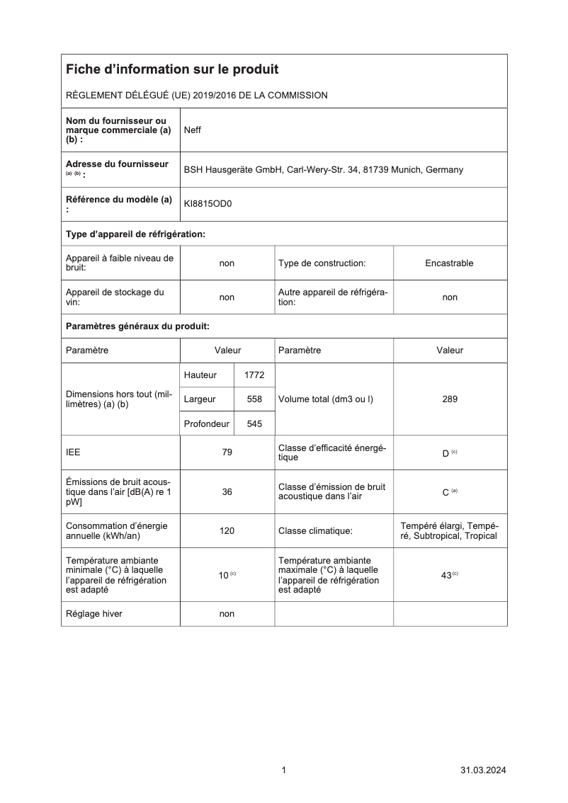 Page 1 of the manual Energy Label Neff KI8815OD0