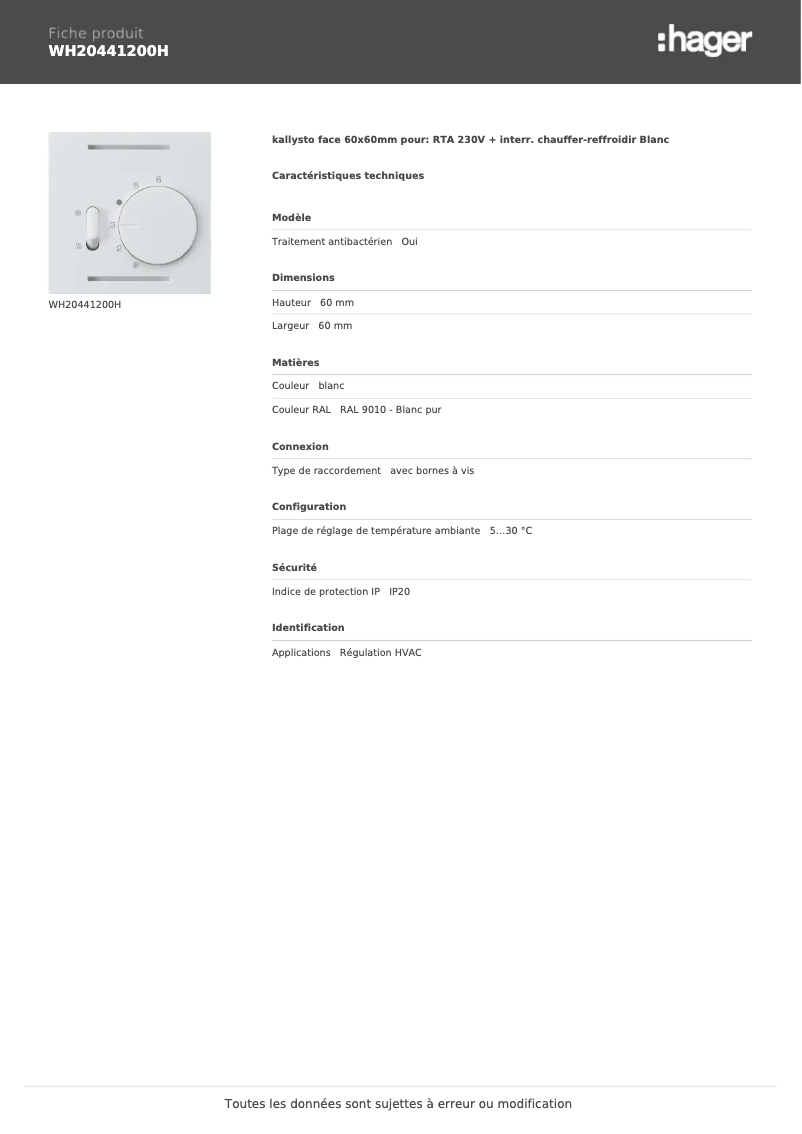 Page 1 de la notice Fiche technique Hager WH20441200H